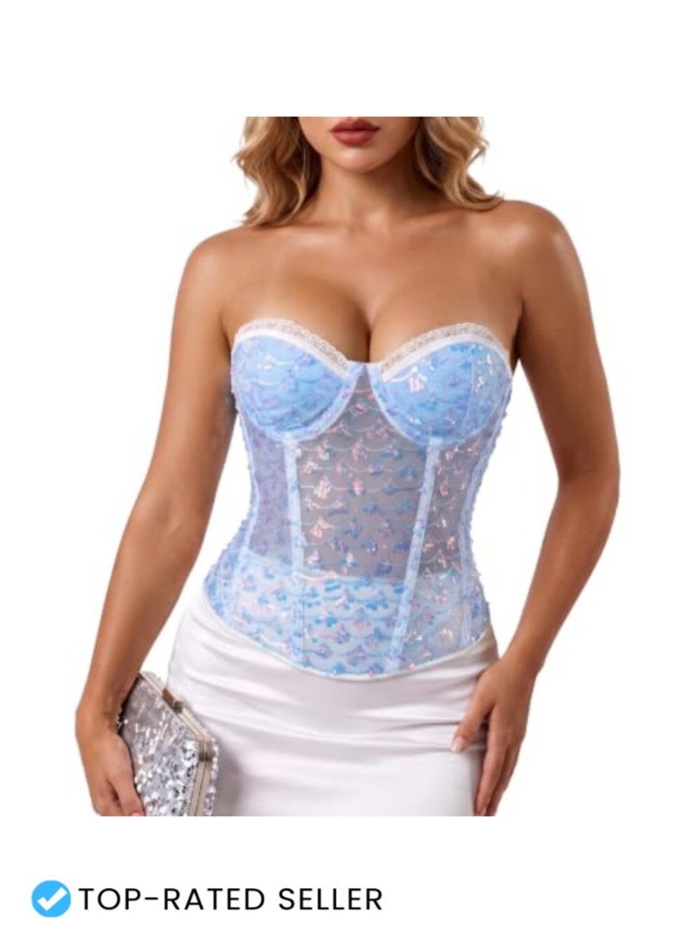 Sequin Mesh Lace Up Corset Top Push-Up Bustier for Women